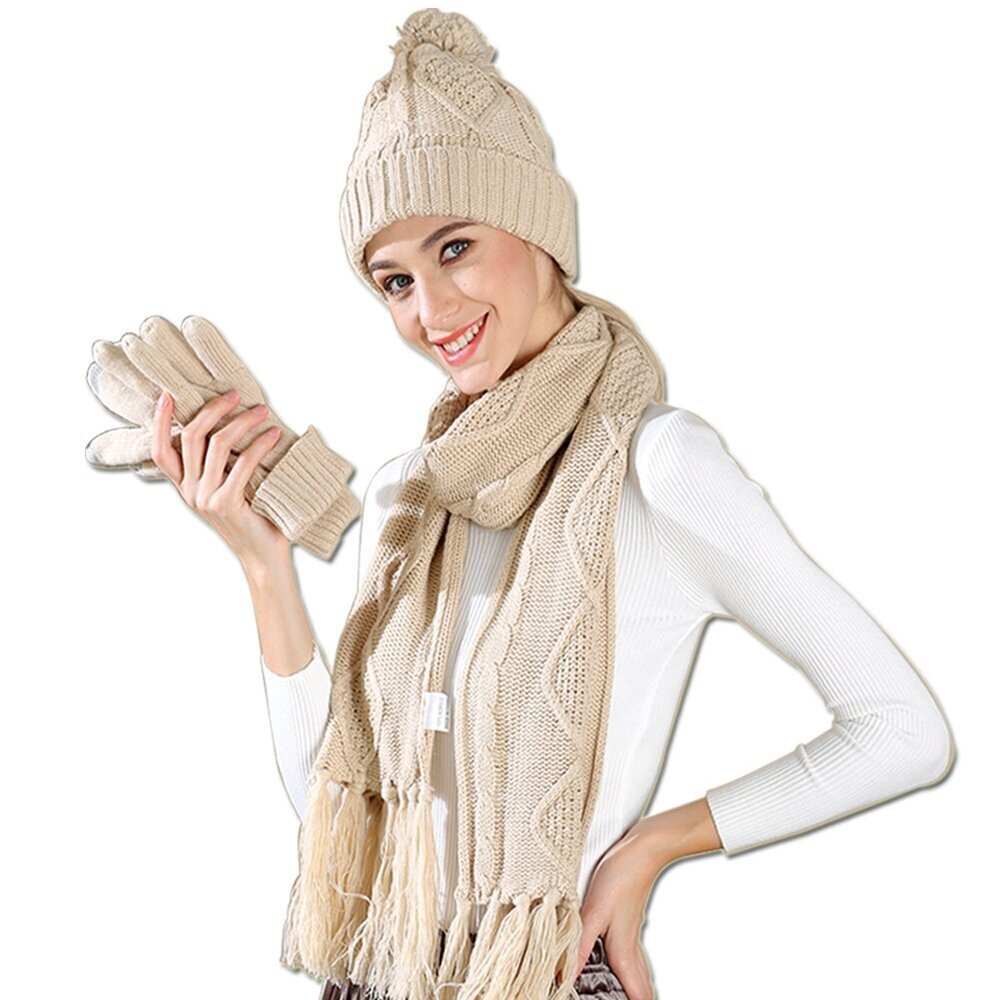 7933 Winter Hat Gloves Scarf Set , Cable Knit Beanie Pom Cap Touch Screen